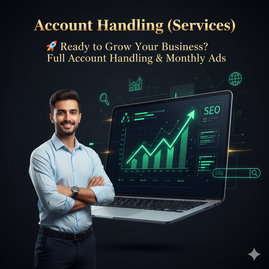 Man standing next to a laptop with SEO graphics, promoting account handling services.